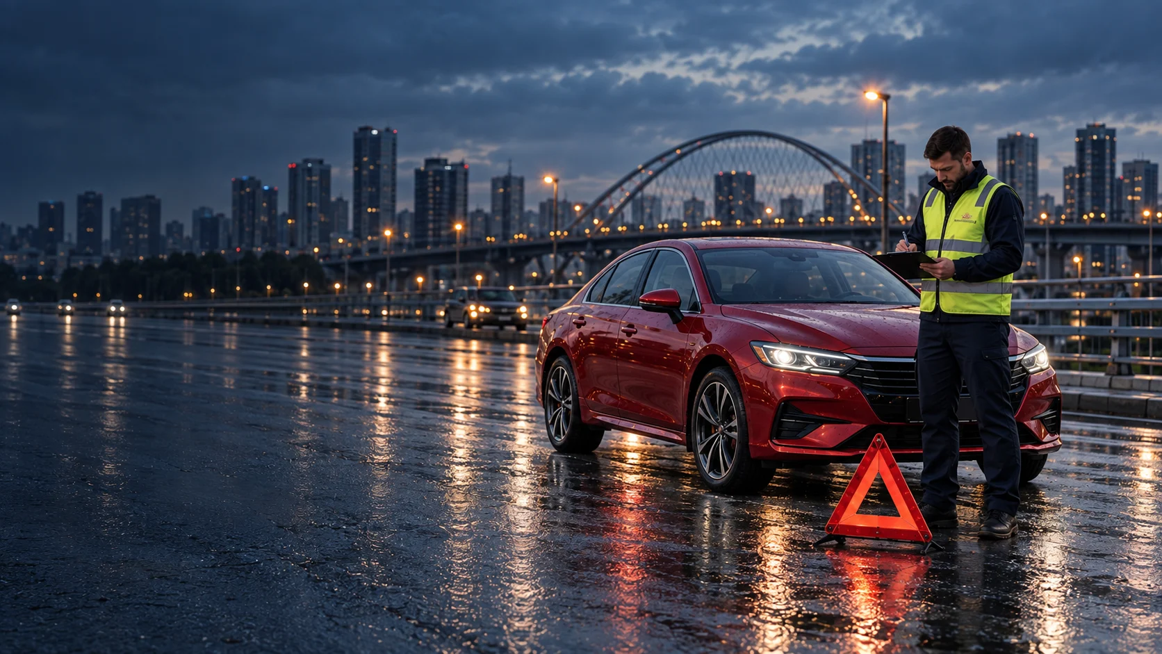 Аварийный комиссар Росаварком оформляет документы рядом с автомобилем в Новосибирске
